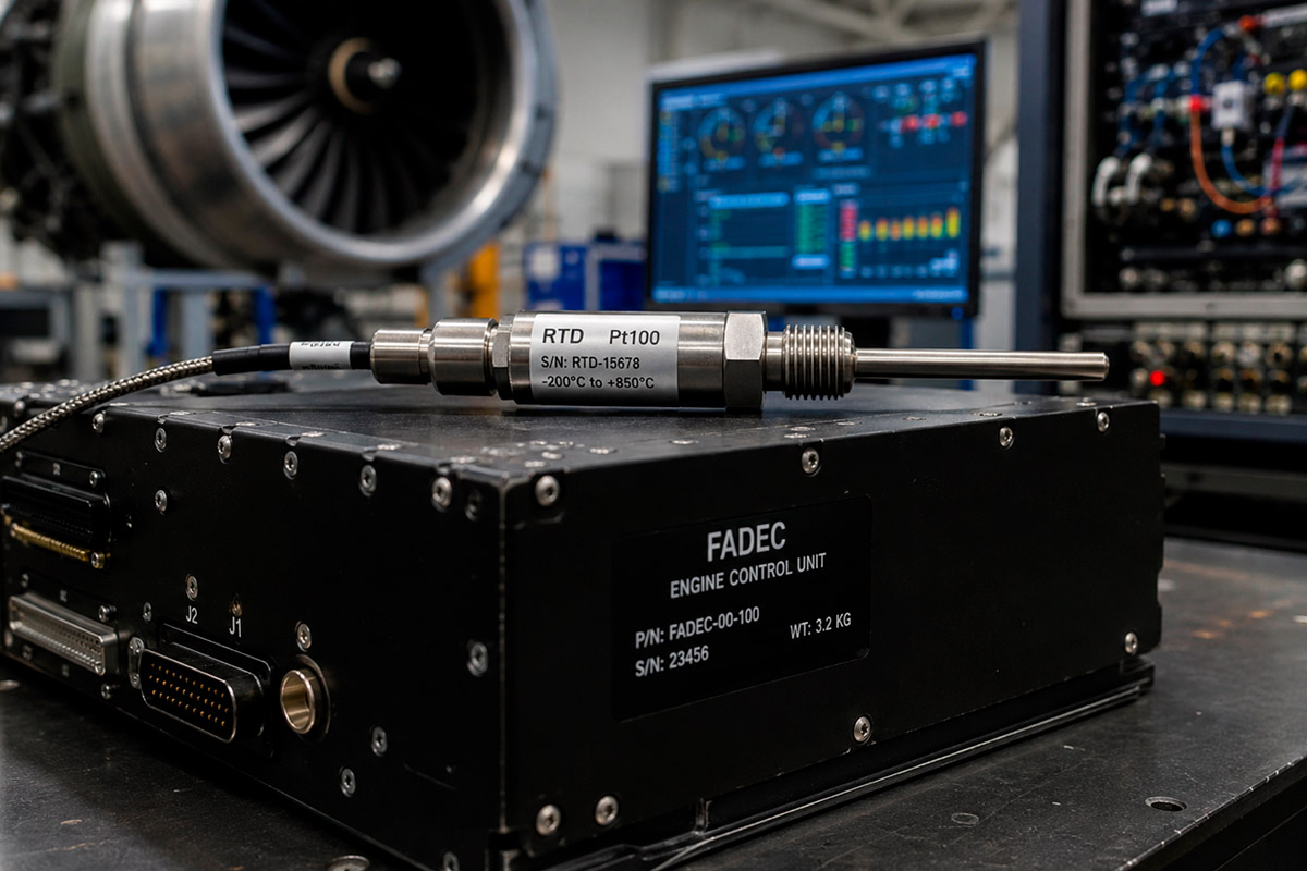 Close-up of an aerospace RTD sensor placed on a FADEC engine control unit inside an avionics diagnostics laboratory with aircraft turbine and electronic test equipment in the background.