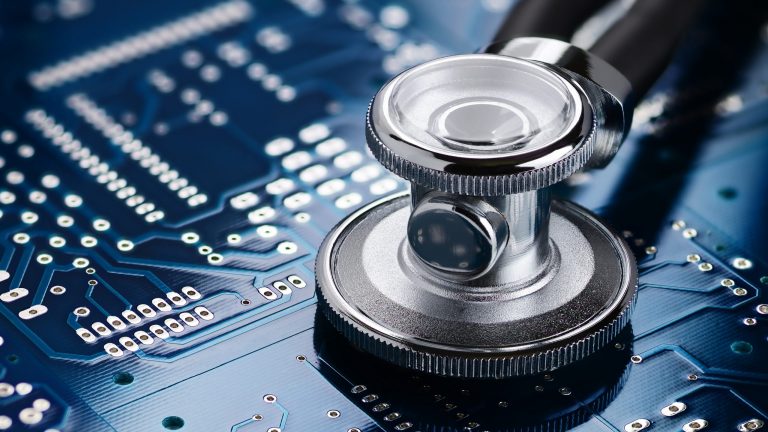Medical stethoscope and electronics Medical stethoscope diagnosing a circuit board