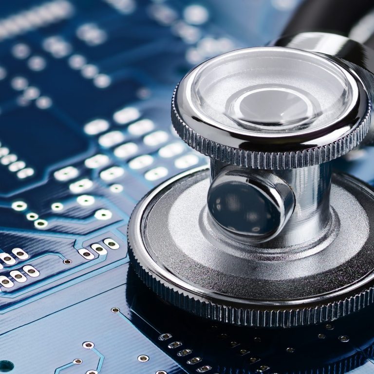 Medical stethoscope diagnosing a circuit board