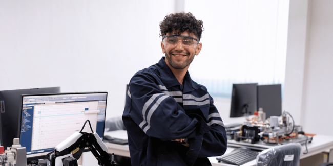 Smiling technician in safety glasses and navy overalls, arms crossed, at an industrial electronics repair bench with a computer and robotic arm